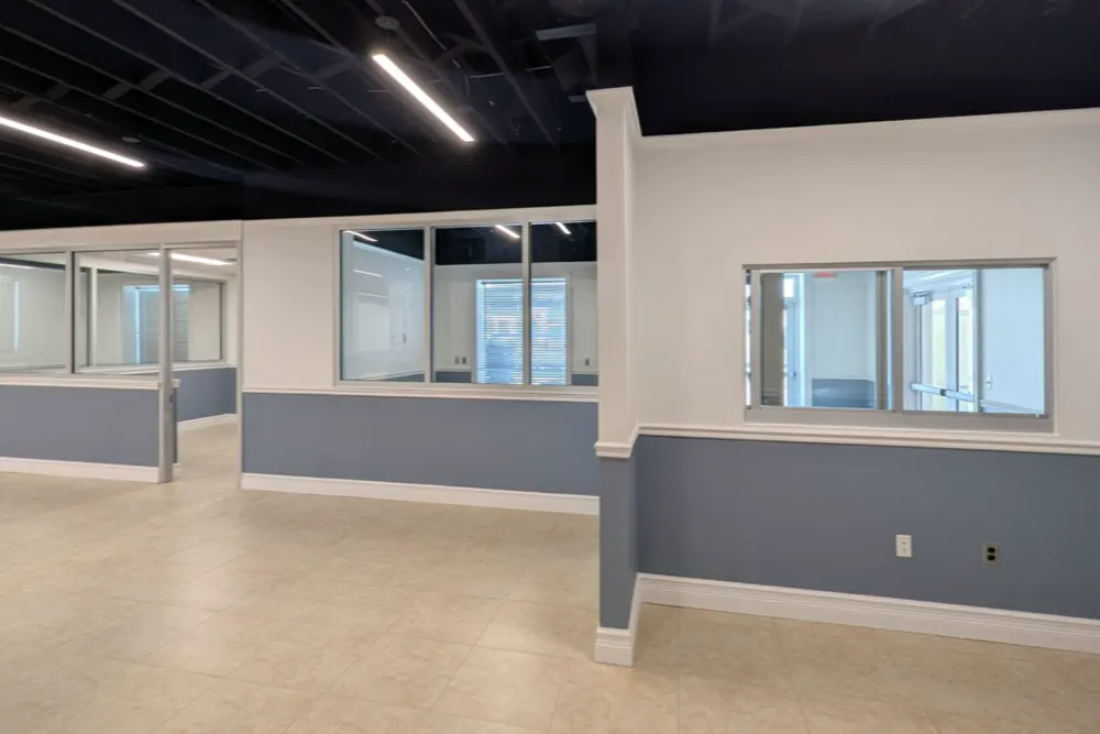 Glass-front offices at the 8th Street West buildout in Bradenton